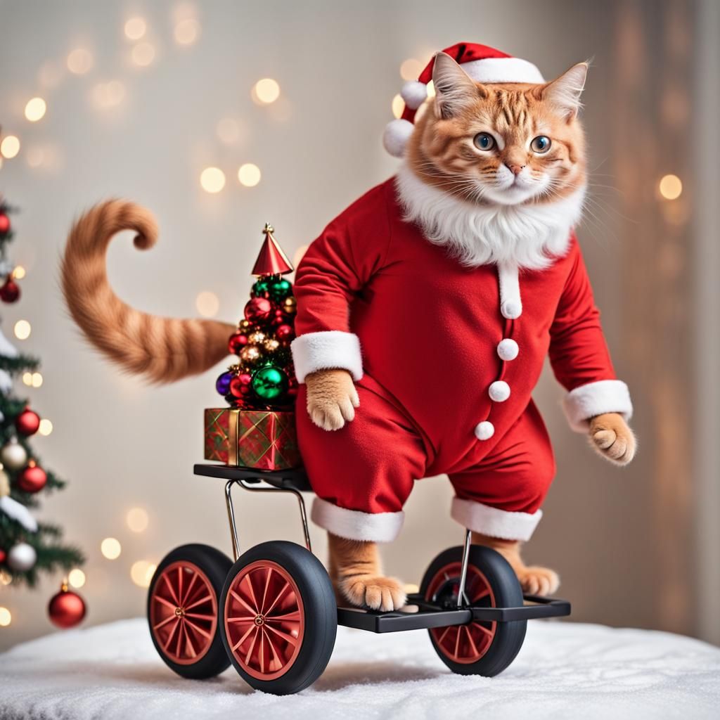Santa Claus as a Feline Adventurer before a Vibrant Christma...
