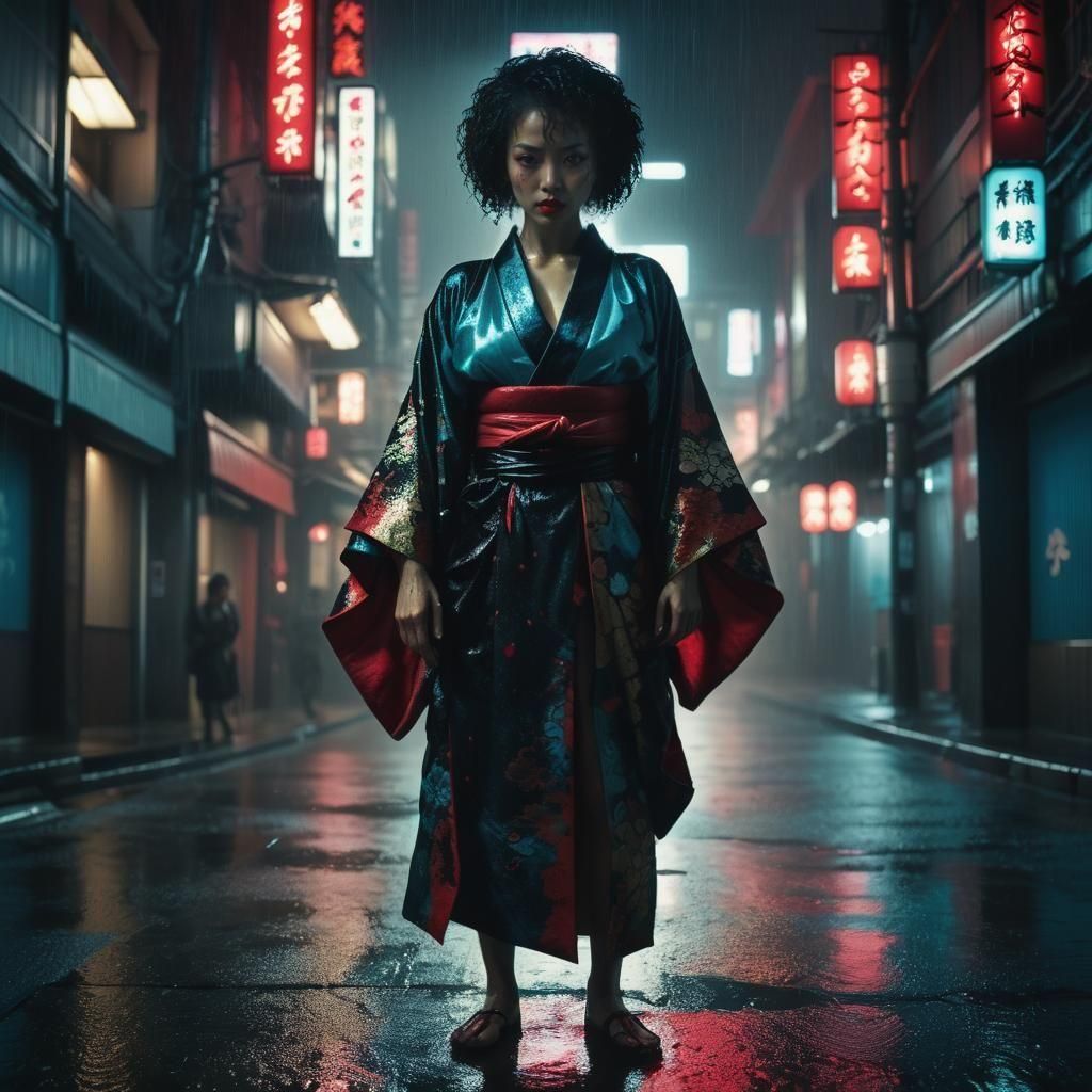 Lady Assassin in Rainy City: Cinematic Film Still