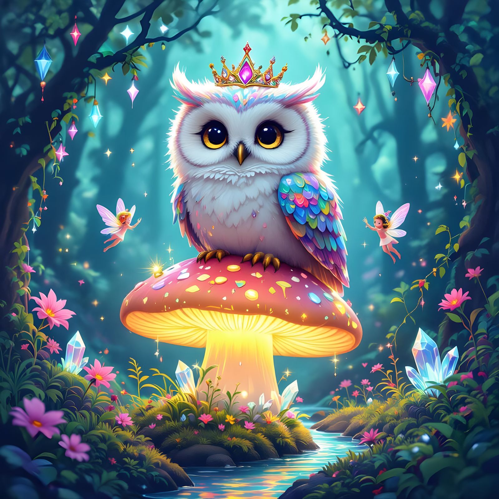 Fluffy Crowned Owl in Bioluminescent Forest
