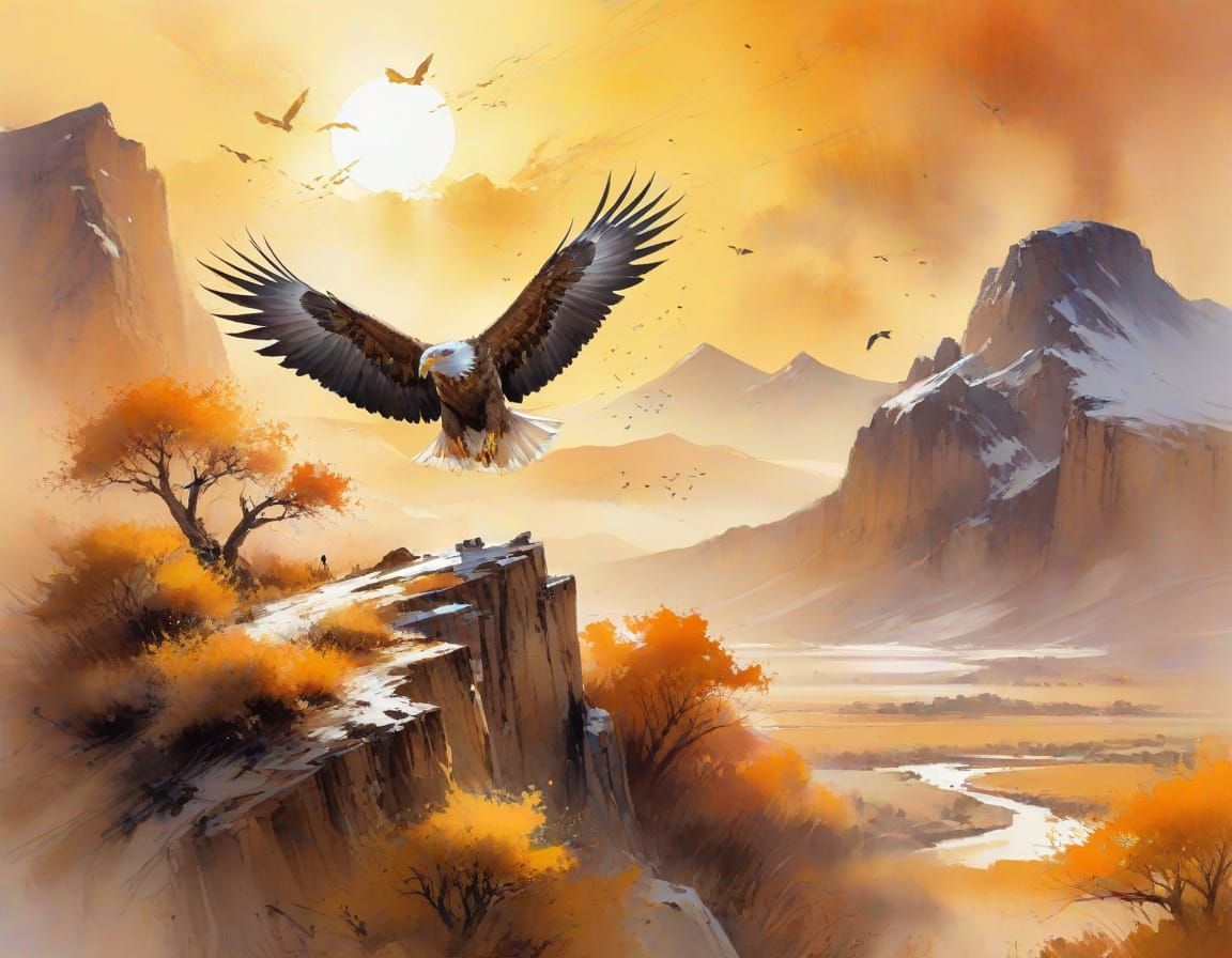 Eagle Over Golden Plateau in Watercolor Style
