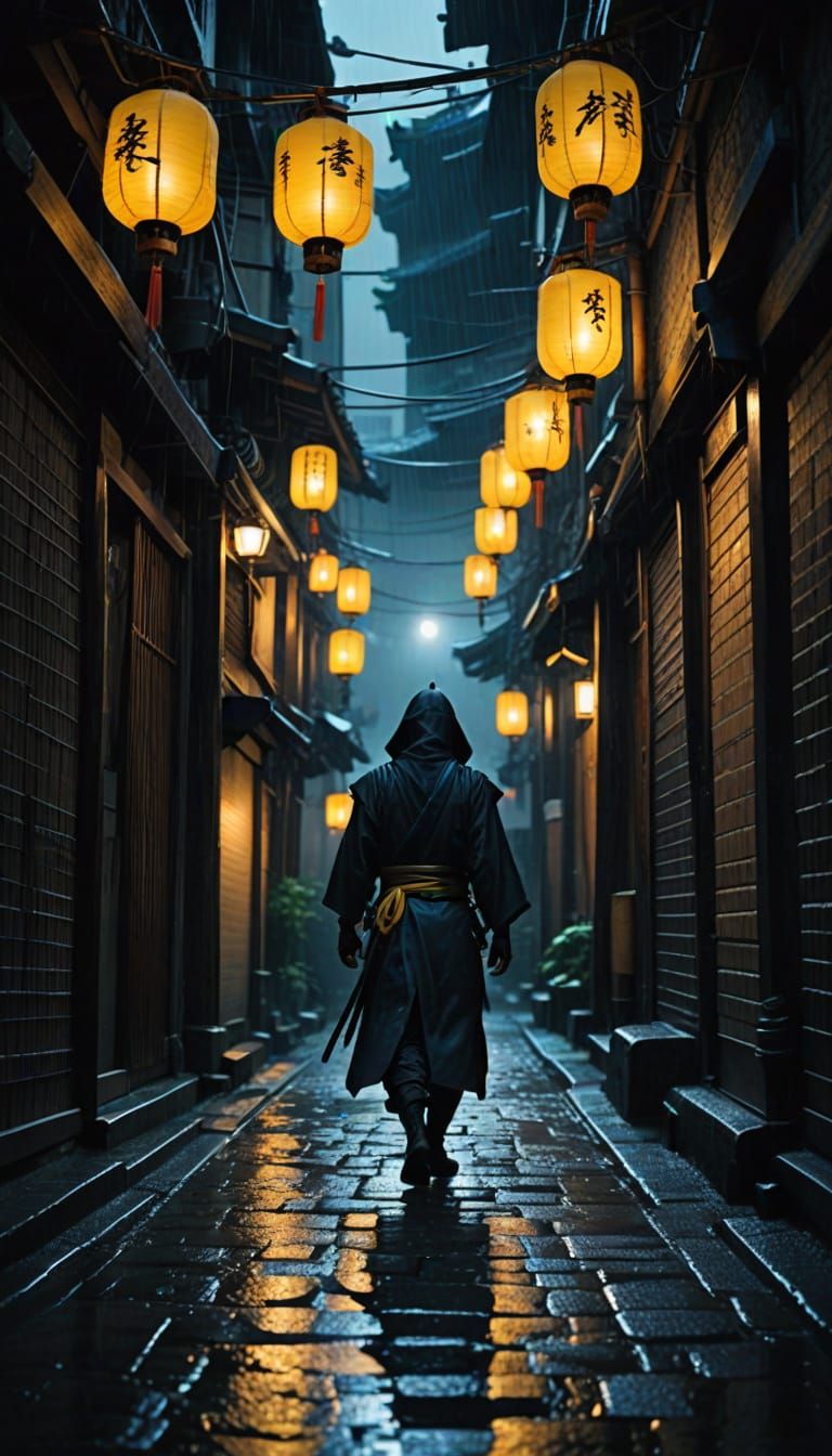 Feudal Japan Ninja Navigates Dark, Rain-Soaked Alleyway