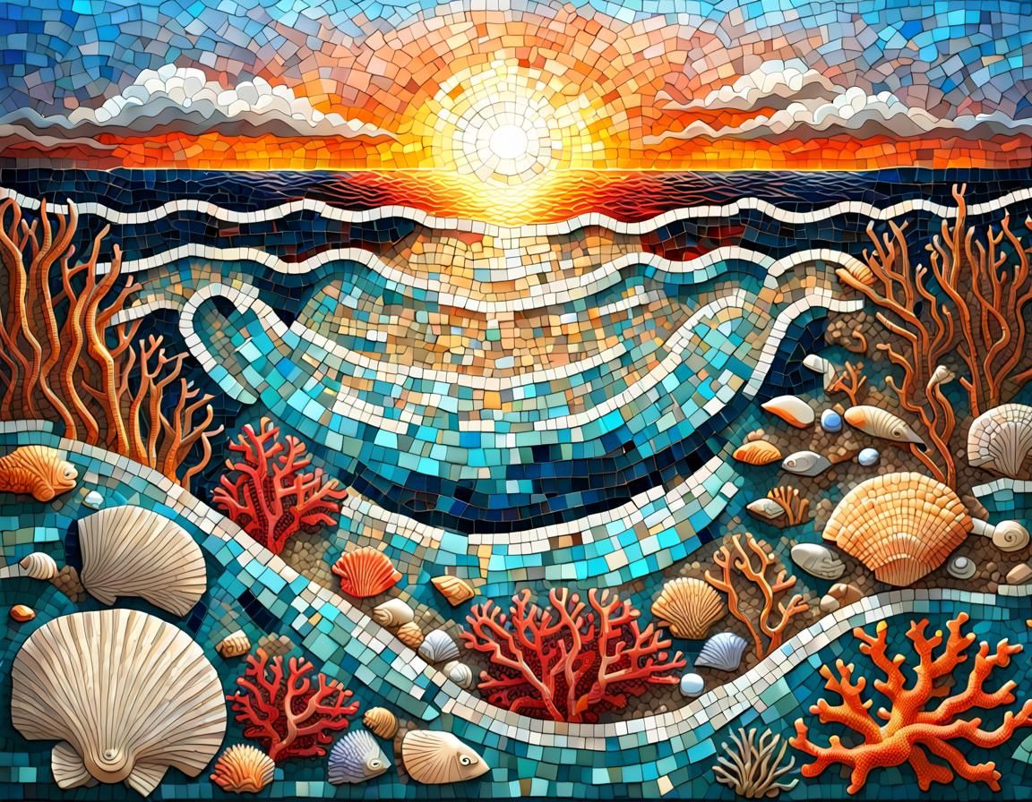 Vibrant Mosaic Sunset Ocean Artwork