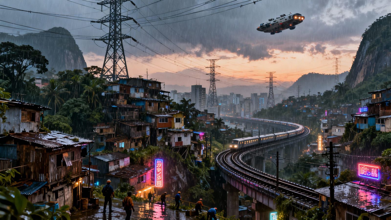 Rainy Metropolis: Japanese Cityscape with Favela Architectur...