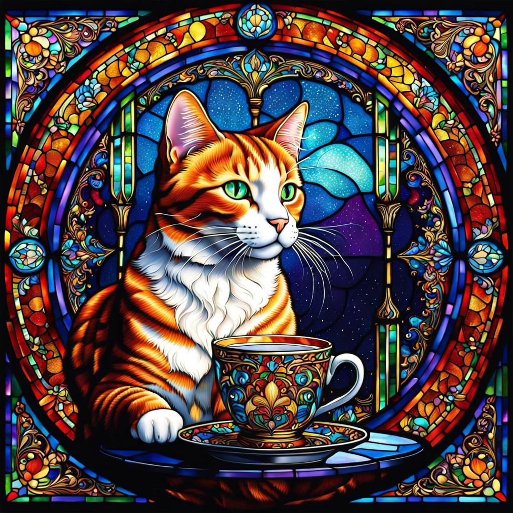 Cat Enjoying Coffee in Stained Glass Window