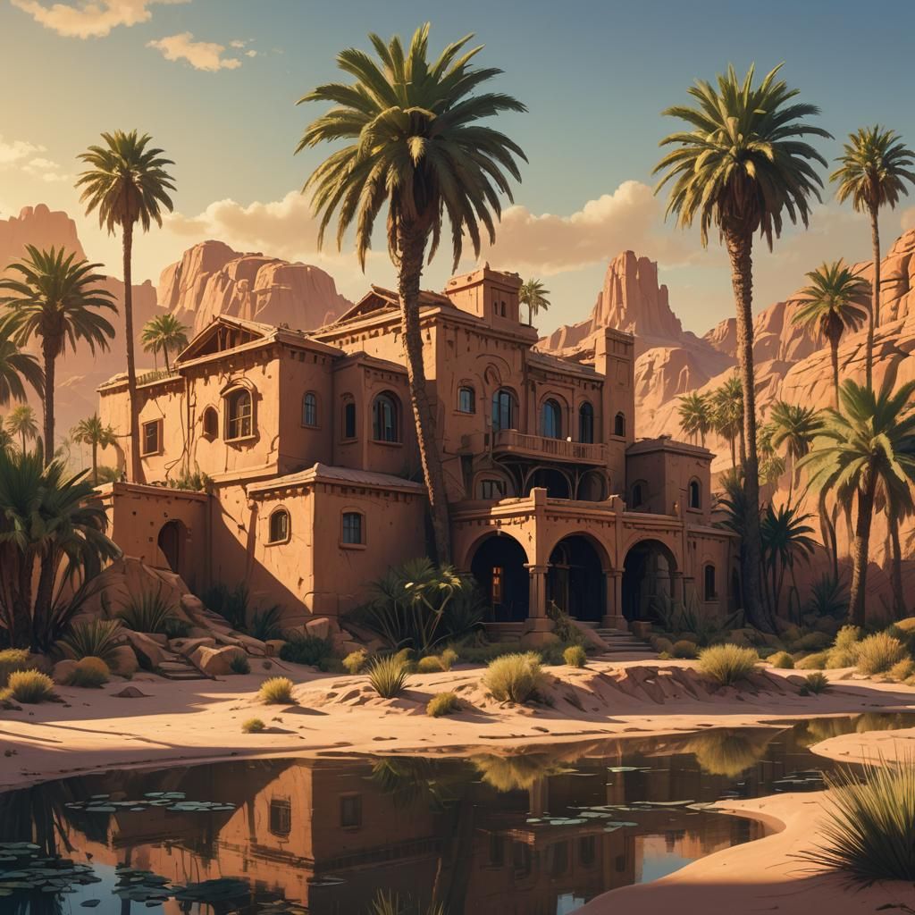 Desert Oasis Home in Fantasy Matte Painting Style