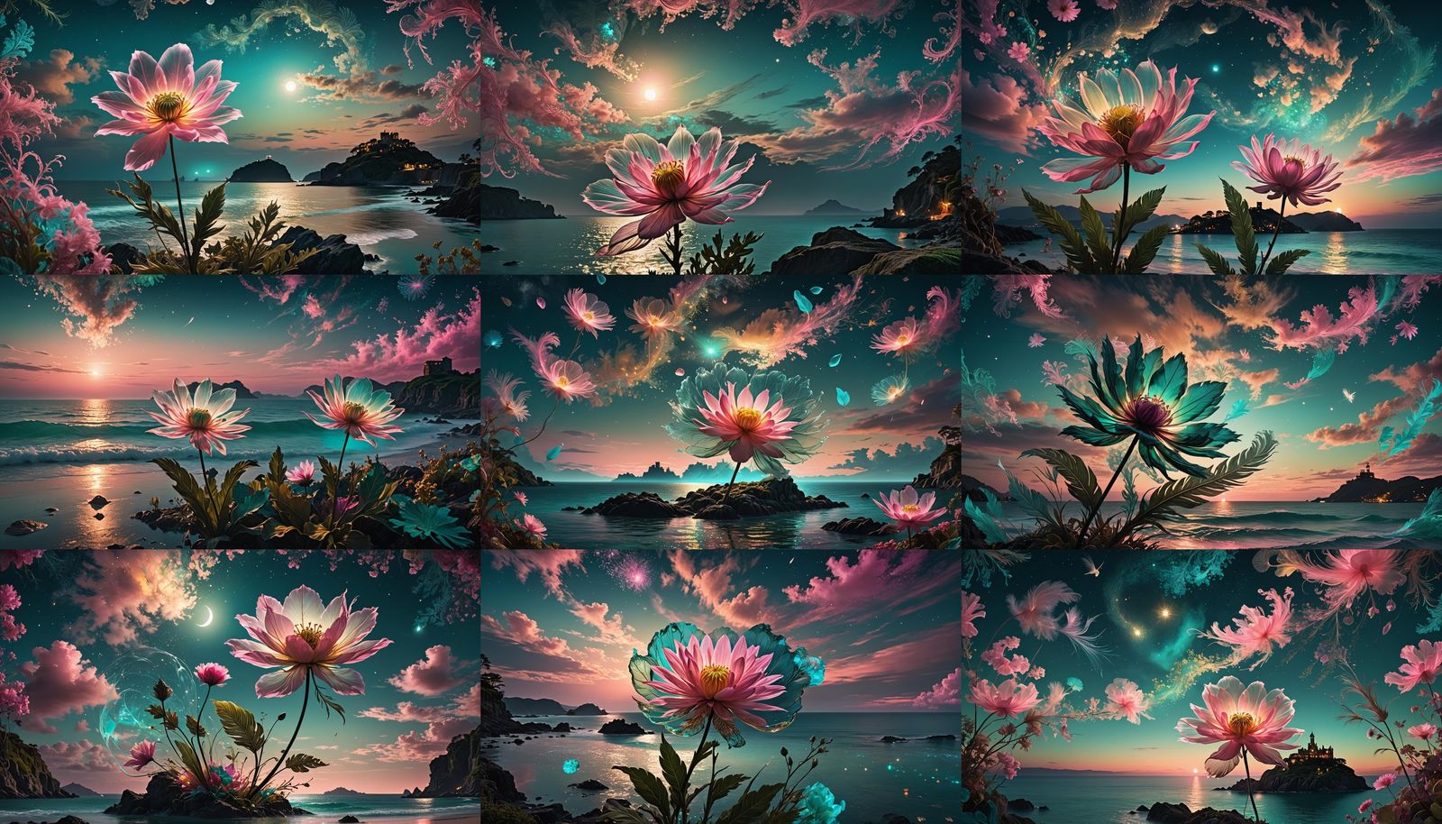 Surreal Silhouette with Floating Petal in Dreamlike Seascape