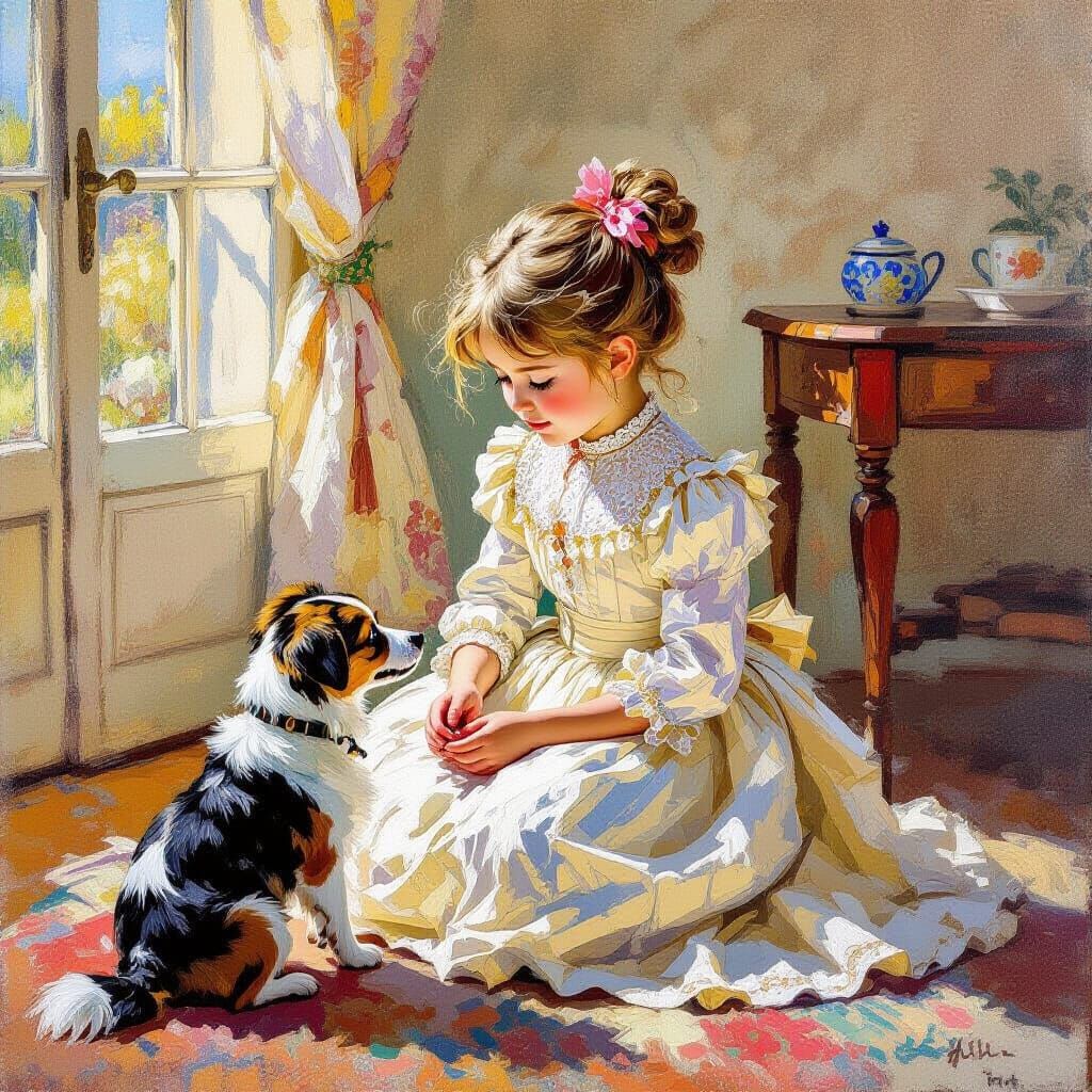 Victorian Girl and Dog in Sunlit Room, Expressive Style