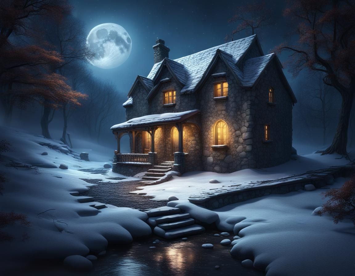 Eerie Moonlit Cabin in Snowy Forest