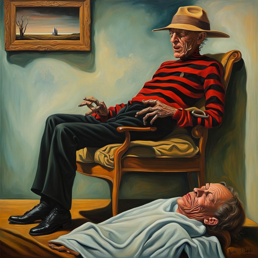 Freddy Krueger Napping, Surreal Oil Painting