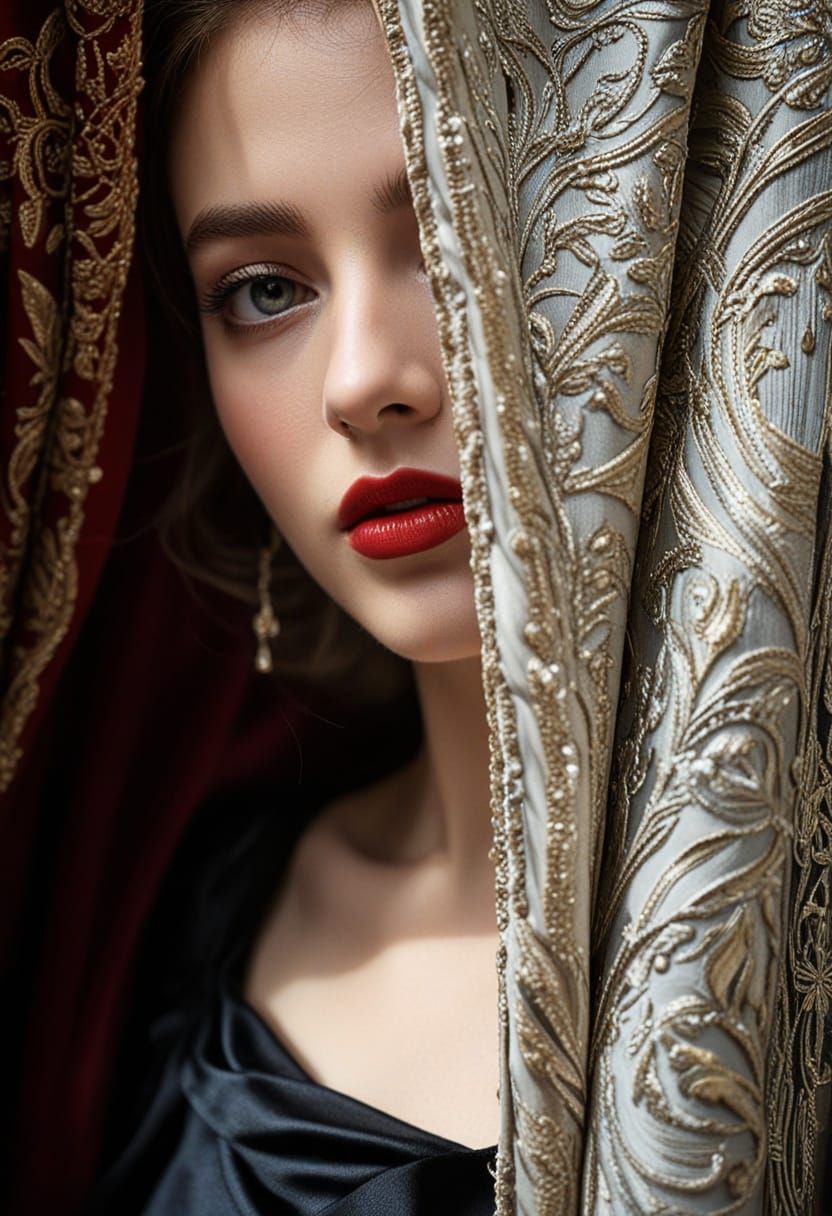 Elegant Woman Reveals Herself from Behind a Lavish Red Curta...