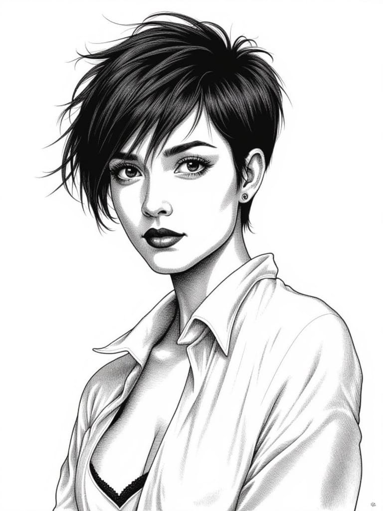 Pen and Ink Portrait of Athletic Woman with Pixie Cut