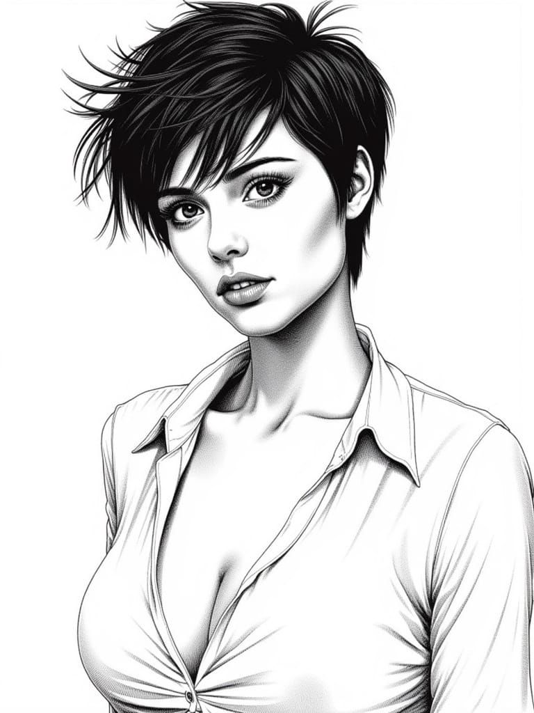 Pen and Ink Portrait of Athletic Woman with Pixie Cut