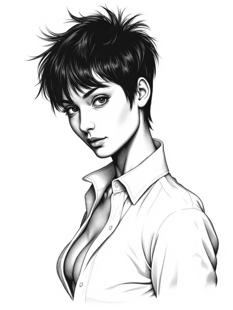 Cross Hatch Portrait of Athletic Woman in Line Art Style