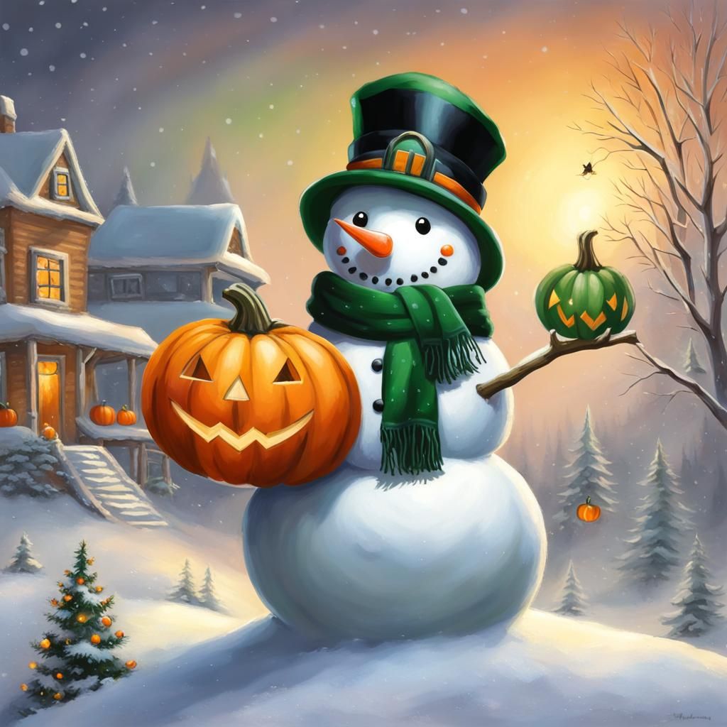 Snowman with Pumpkin in Thomas Kinkade Style
