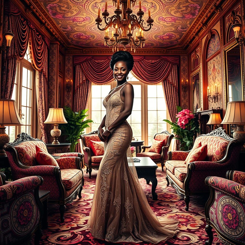 Elegant Black Woman in Vibrant Parlor Room