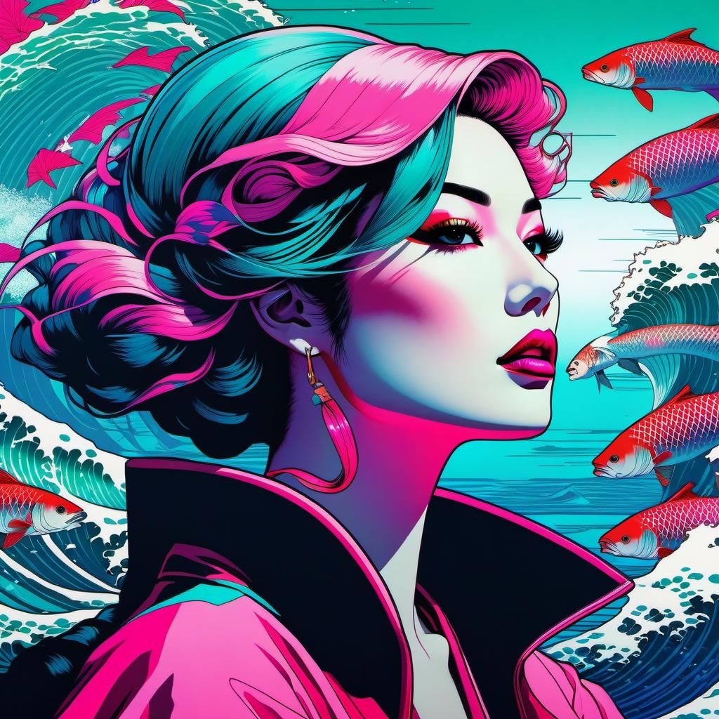 Mermaid in Vaporwave with Japanese Waves