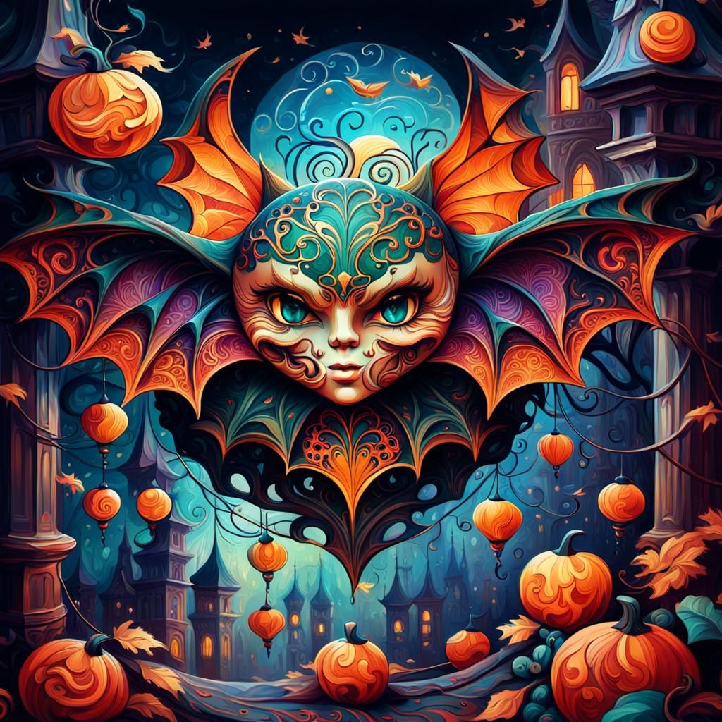 Ornate Face in Art Nouveau Oil Painting