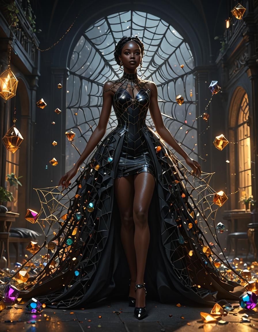Elegant Girl in Spiderweb Dress, Dark Fantasy Art