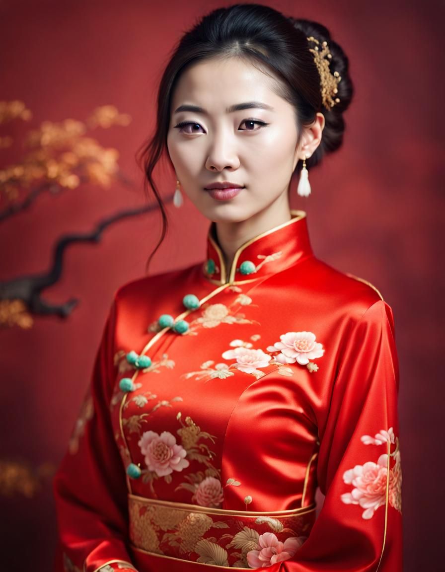 Portrait of a Young Chinese Woman in Red Dress