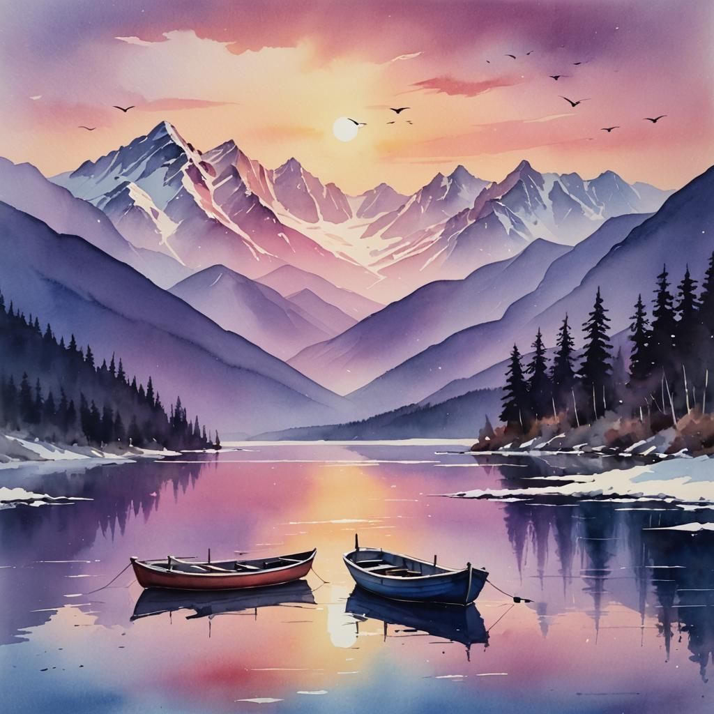 Fishing Boat on Lake at Sunset: Watercolor Painting