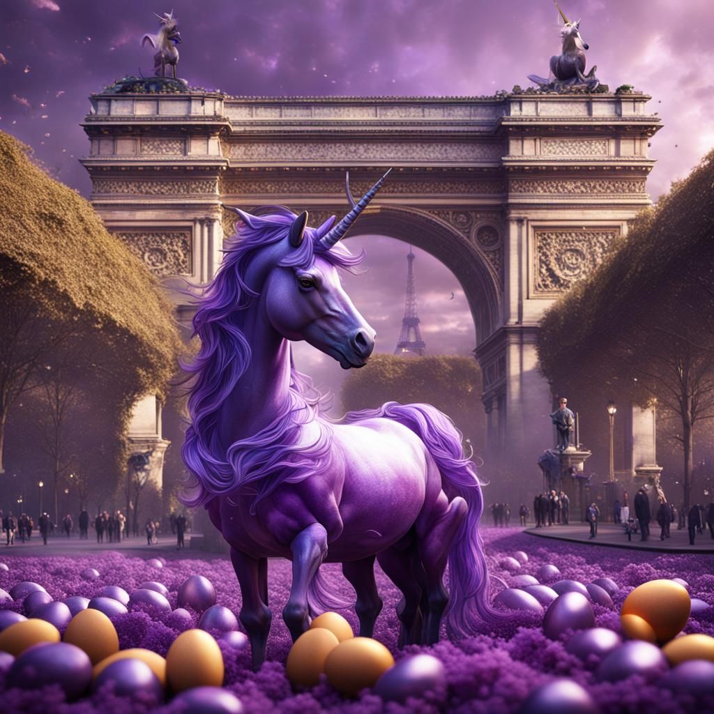 Purple Unicorn Eats Eggs in Paris: Detailed Matte Painting