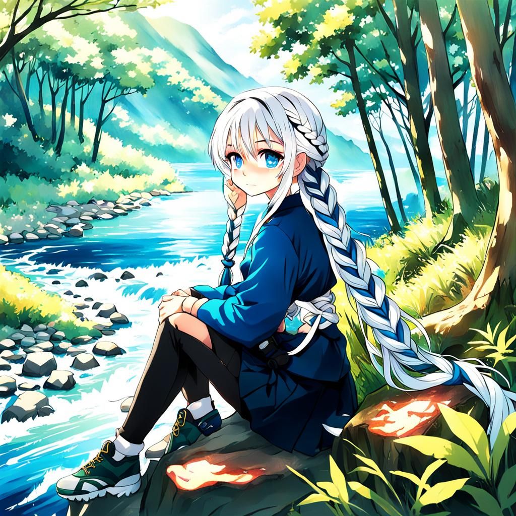 Anime Girl with Braids by River in Woods