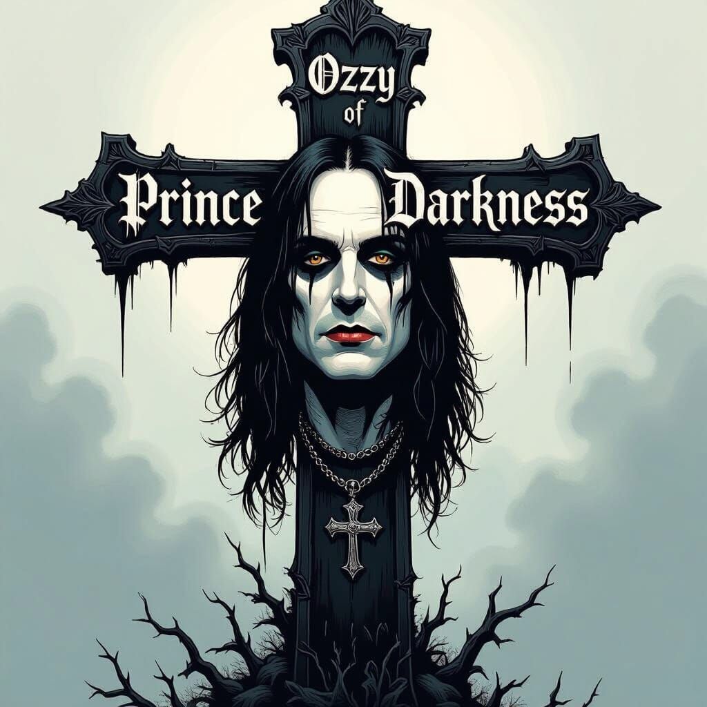 Gothic Cross with Ozzy Head in Comic Book Style