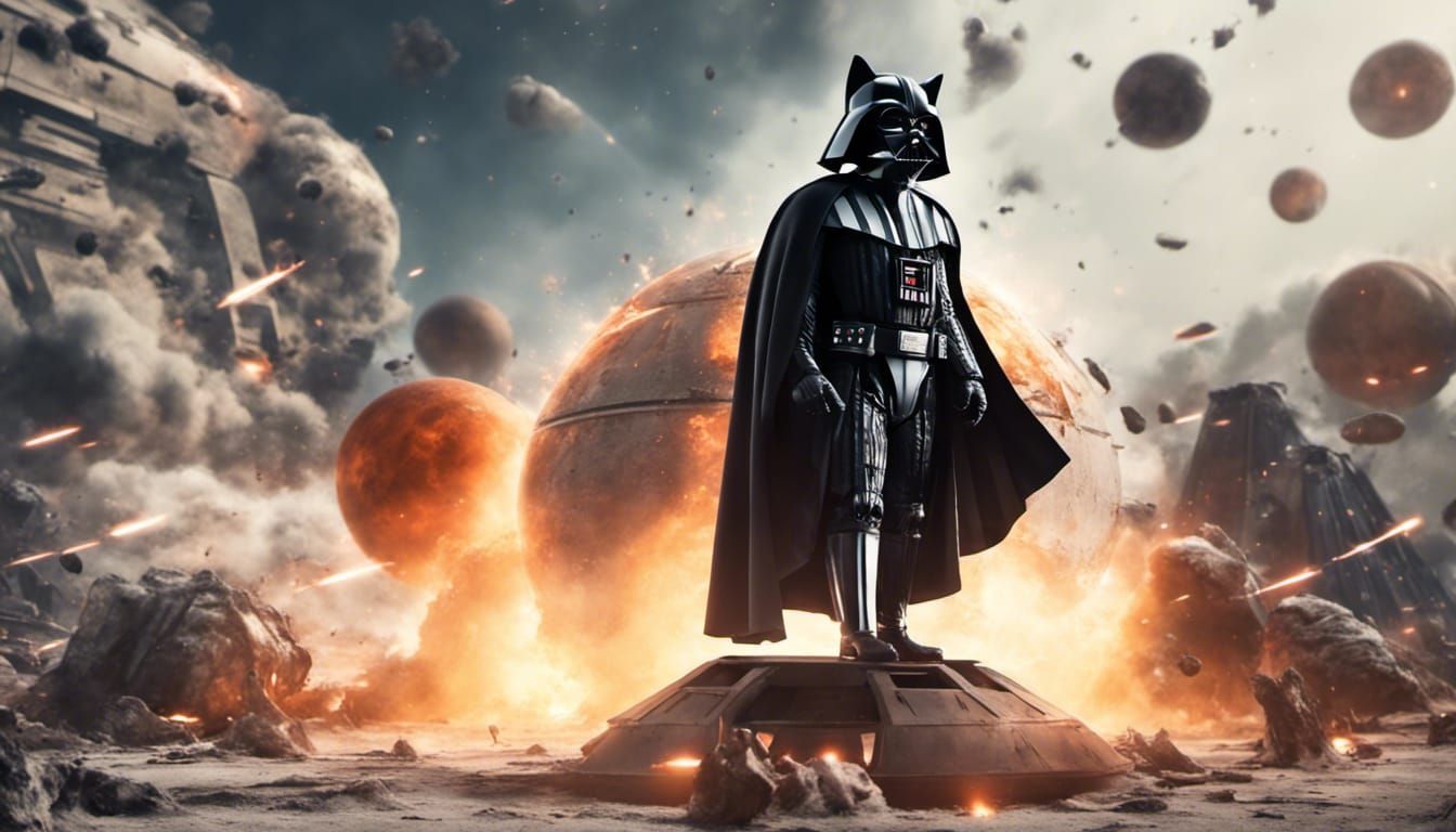 Cat Darth Vader in Exploding Spaceship Photograph