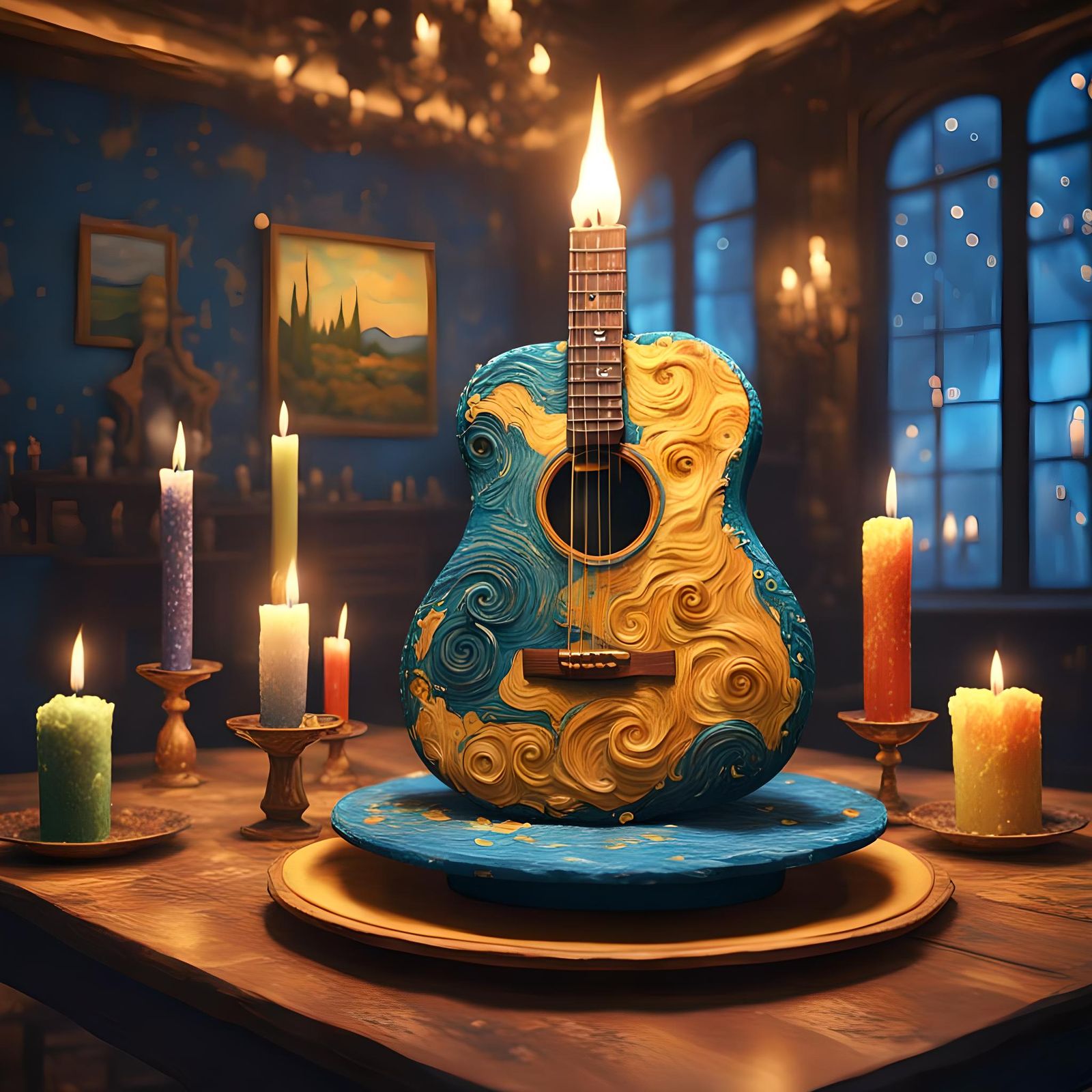 Van Gogh Style Guitar Cake for Birthday