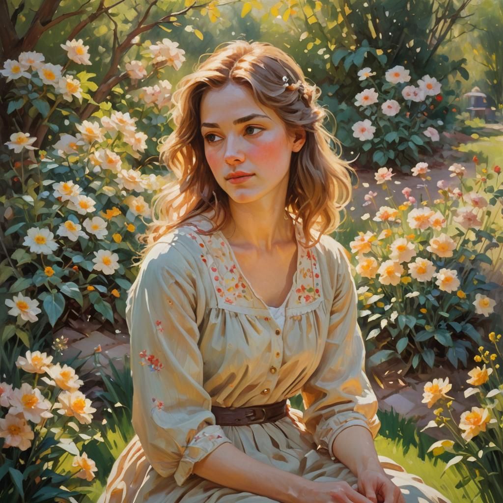 Girl in Sunlit Garden: Impressionist Oil Painting