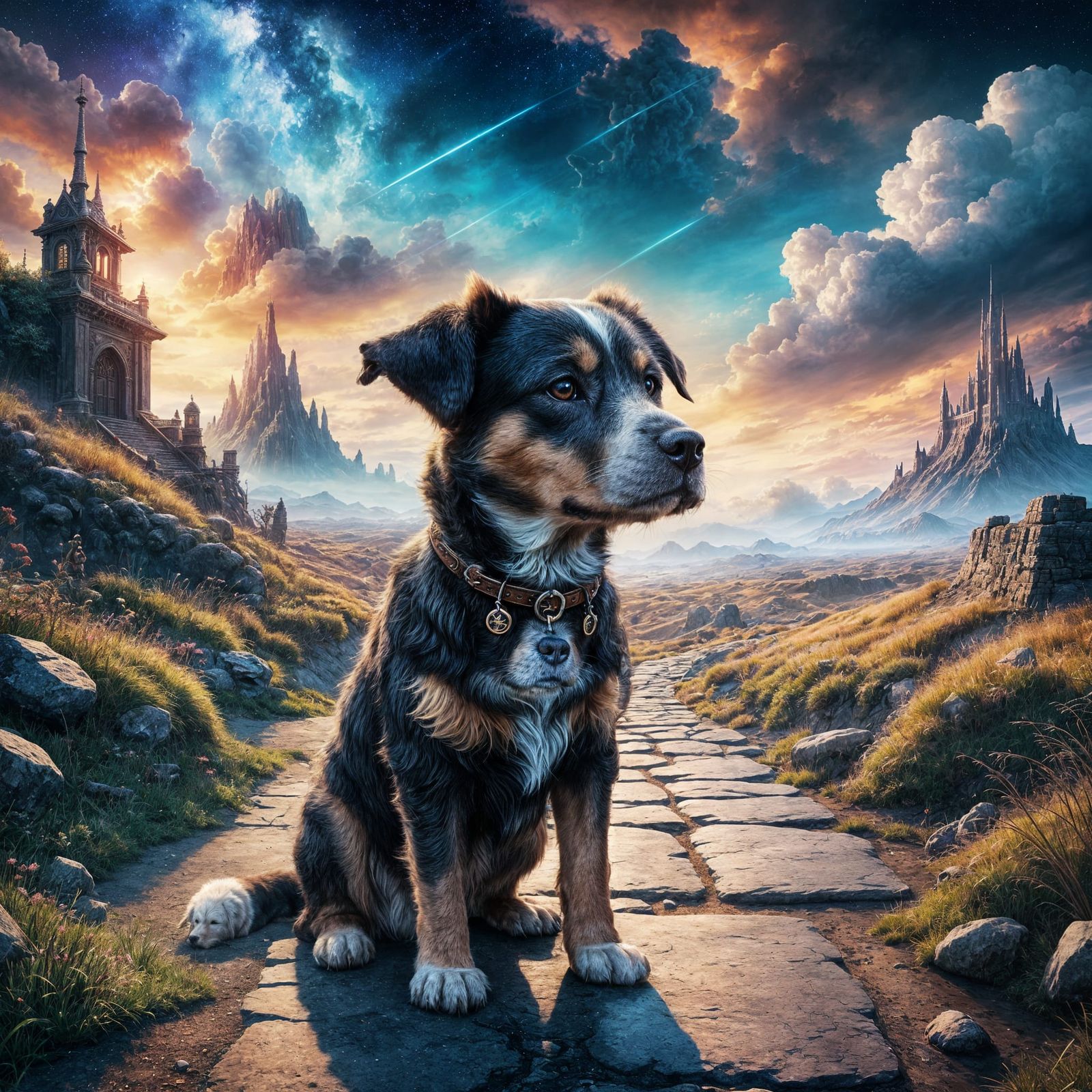 Lonely Dog Gazing at Fantasy Sky: Detailed Matte Painting