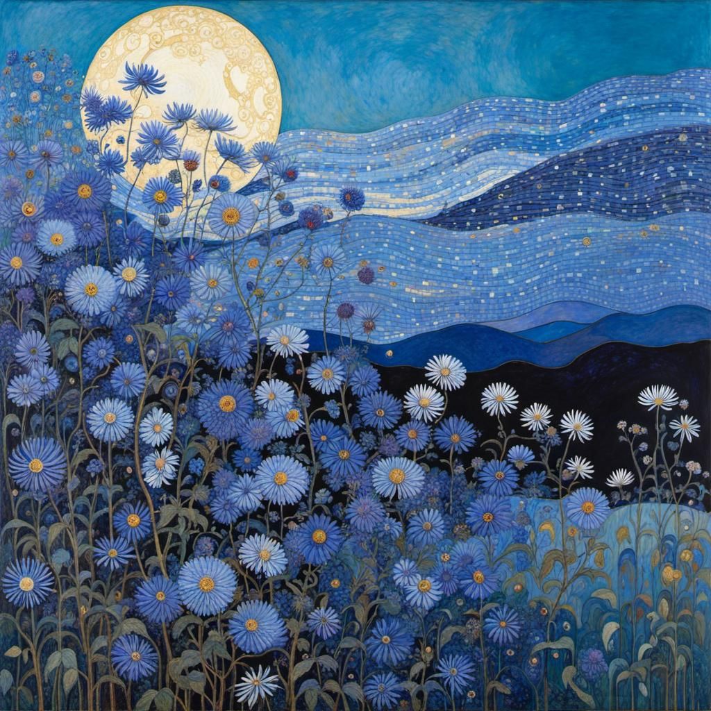 Blue Asters in the Wind: Art Nouveau Style