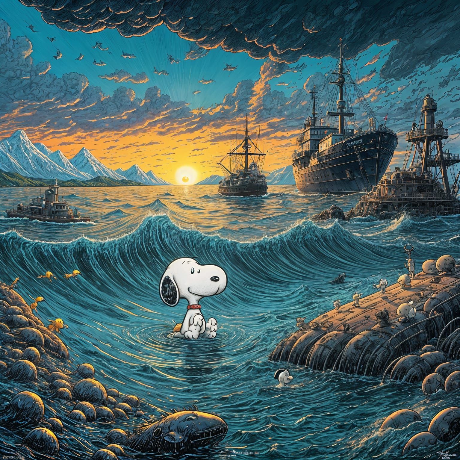 Snoopy and Woodstock in a Toxic Ocean Landscape