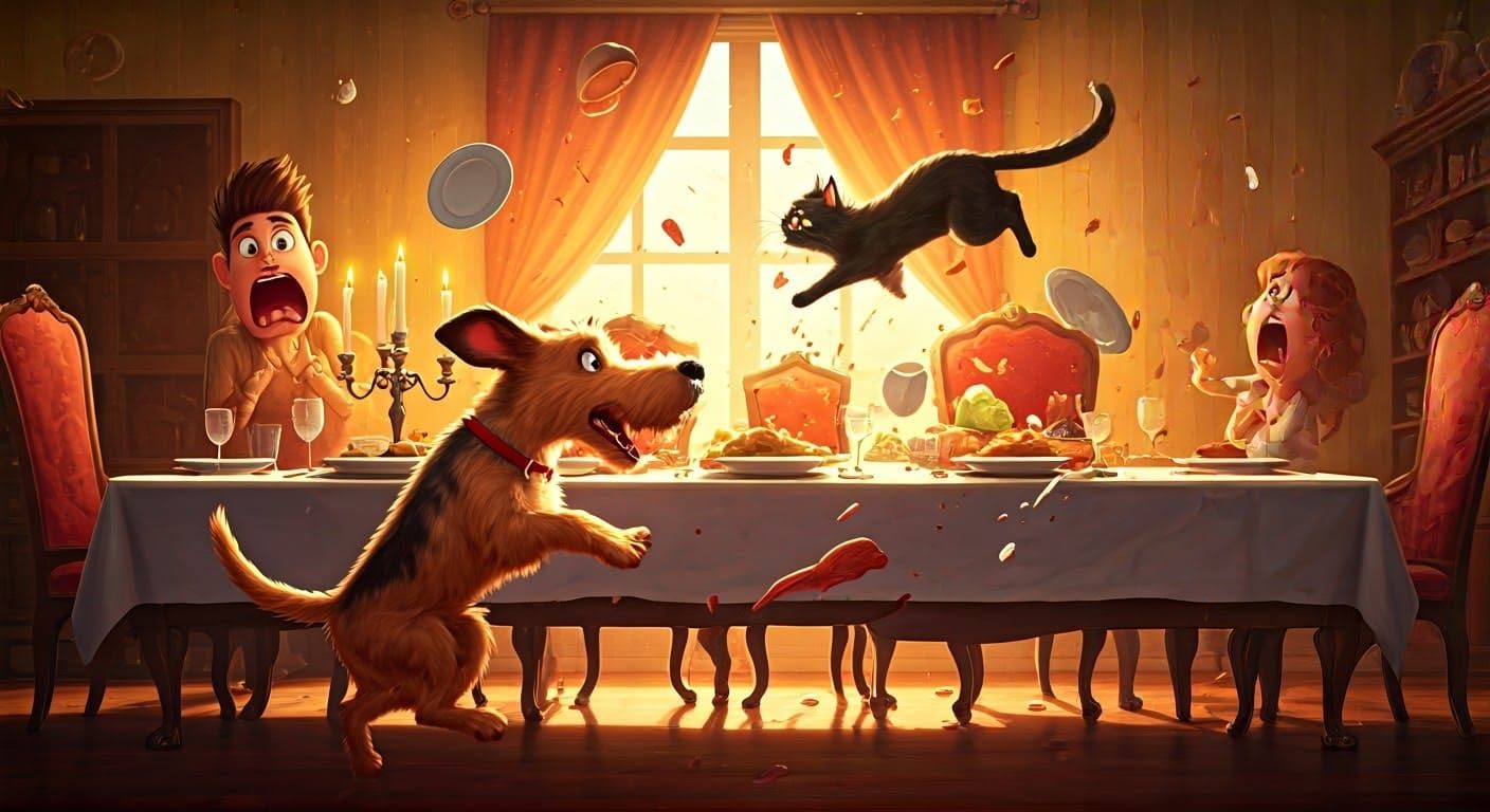 Chaotic Family Dinner Scene in Pixar Style
