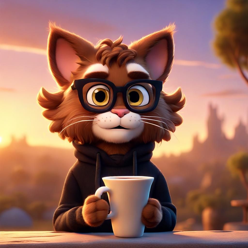 Anthropomorphic Cat Holding Coffee Cup: 3D Digital Art