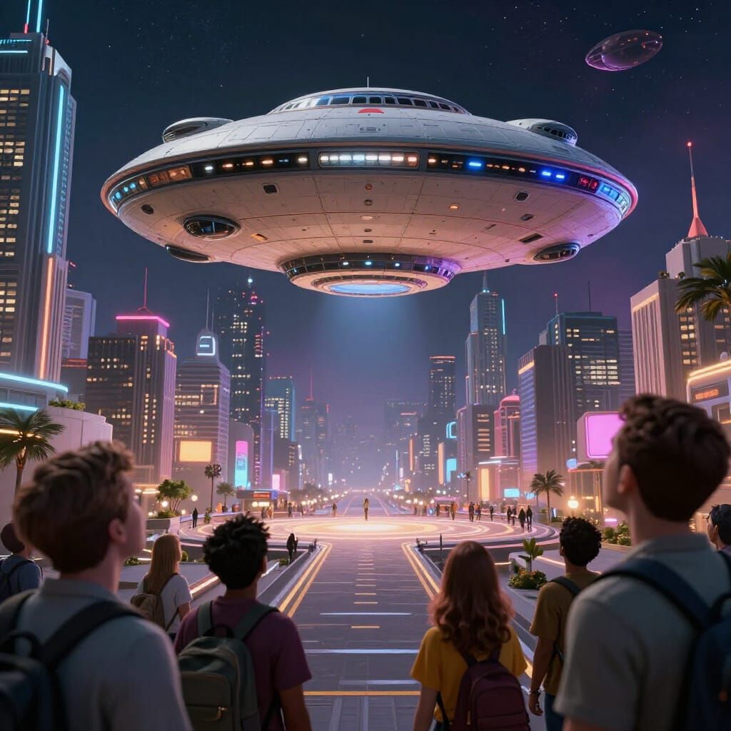 Futuristic Spaceship Lands in Vibrant Metropolis