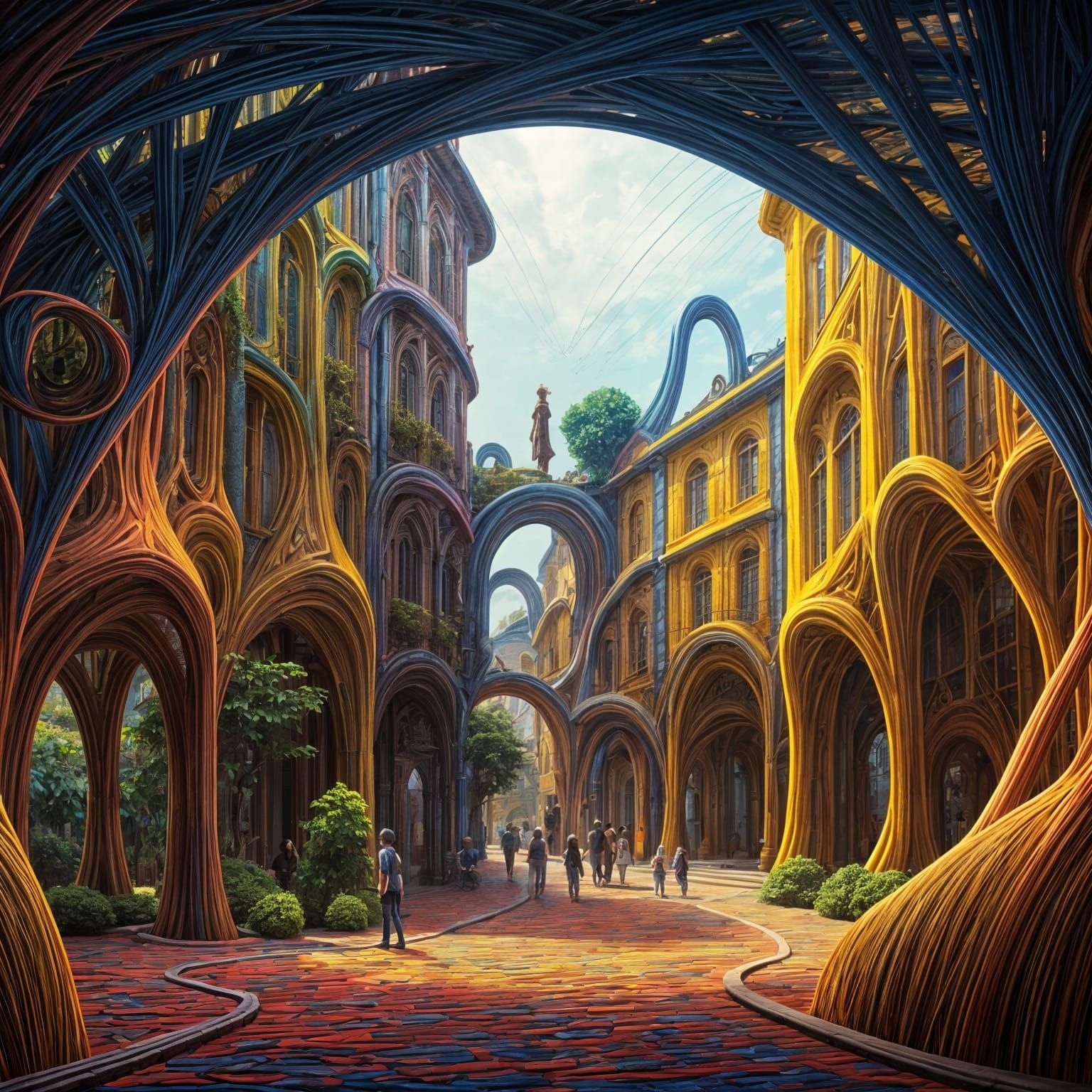 Vibrant Cityscape Woven from Colorful Strings