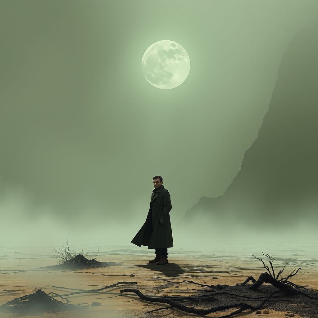 Melancholic Figure in Foggy Dystopian Landscape