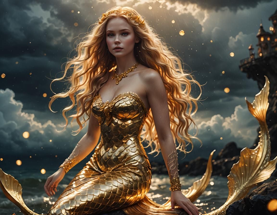 Luminescent Golden Mermaid Portrait in Magical Realism
