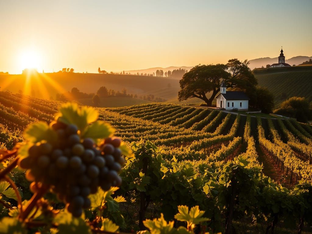 Golden Hour in Moravian Tuscany: Serene Landscape with Viney...