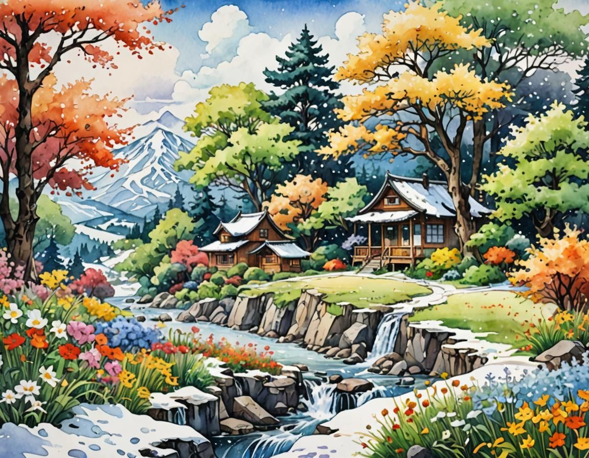 Four Seasons Landscape in Watercolor Style