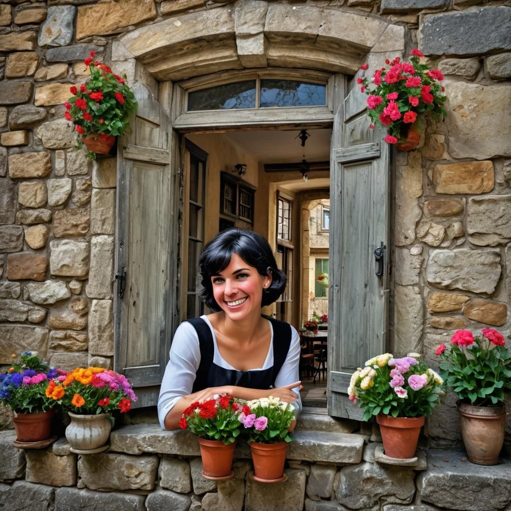 Italian Girl Waves From Window in Hyperrealistic Style