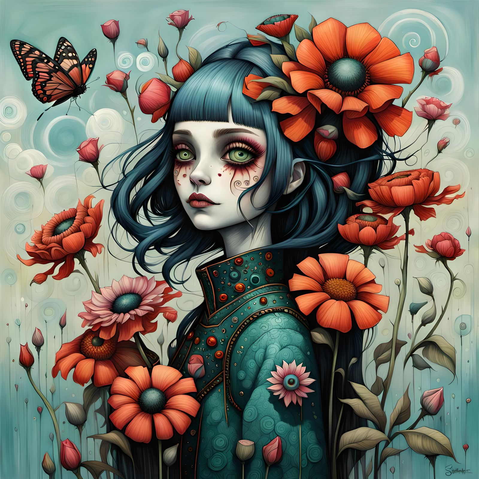 Happy Girl with Flowers in 3D Art Brut Style