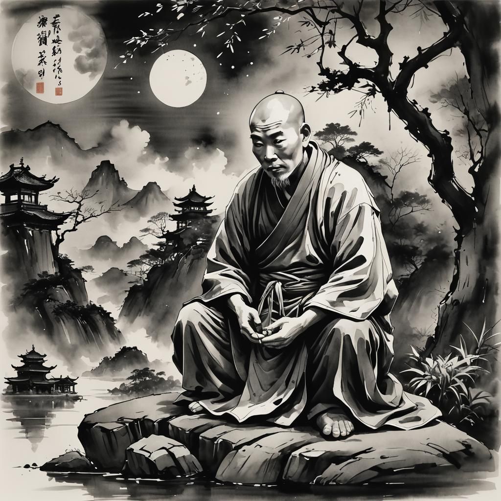 Detailed Sumi-e Ink of Chinese Monk at Night