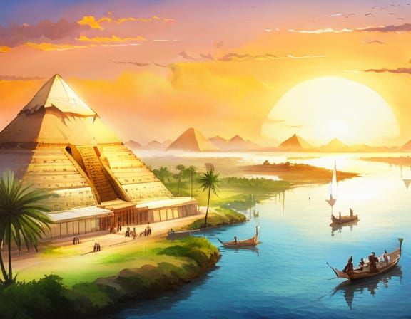 Nile River Pyramids: Anime Watercolor Painting