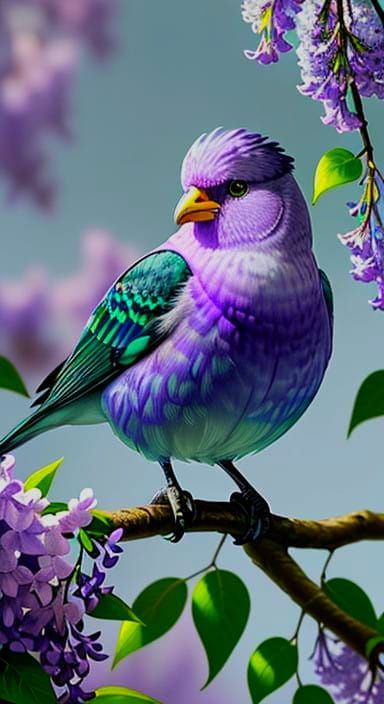 Bird Hidden Among Lilac Blooms in Whimsical Landscape