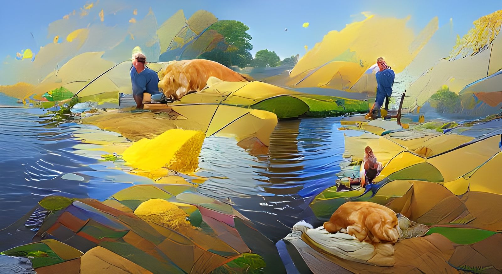 Fisherman and Retriever in Casein Painting Style
