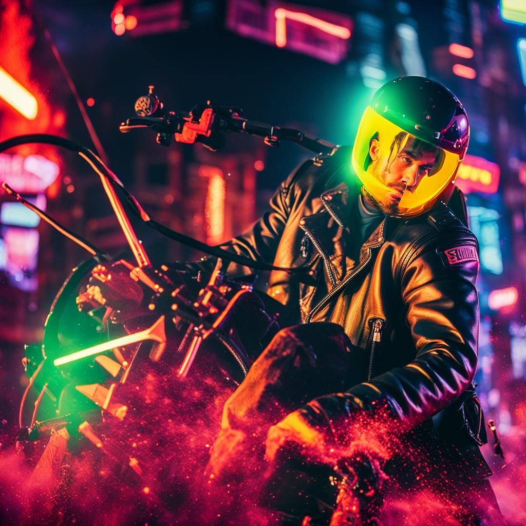 Strong Man Dominates Neon Cityscape