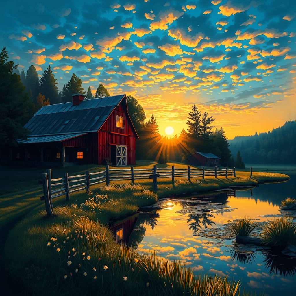 Sunset Barn Landscape in Pointillism Oil Painting