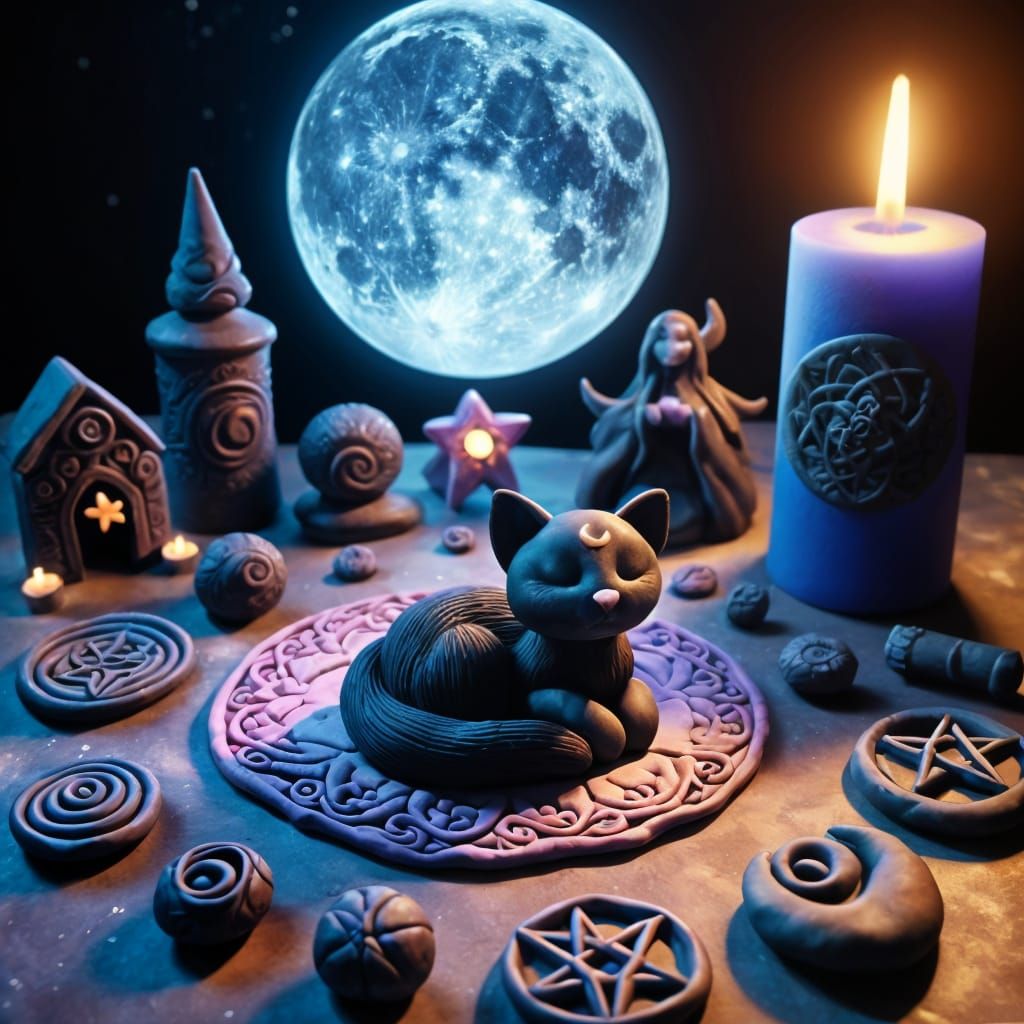 Mystical Playdough Scene: Black Cat Under Moonlight